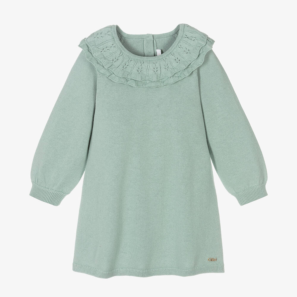 Chloé - Girls Green Cotton Knit Dress | Childrensalon