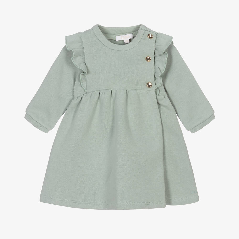 Chloé - Girls Green Cotton Logo Dress | Childrensalon