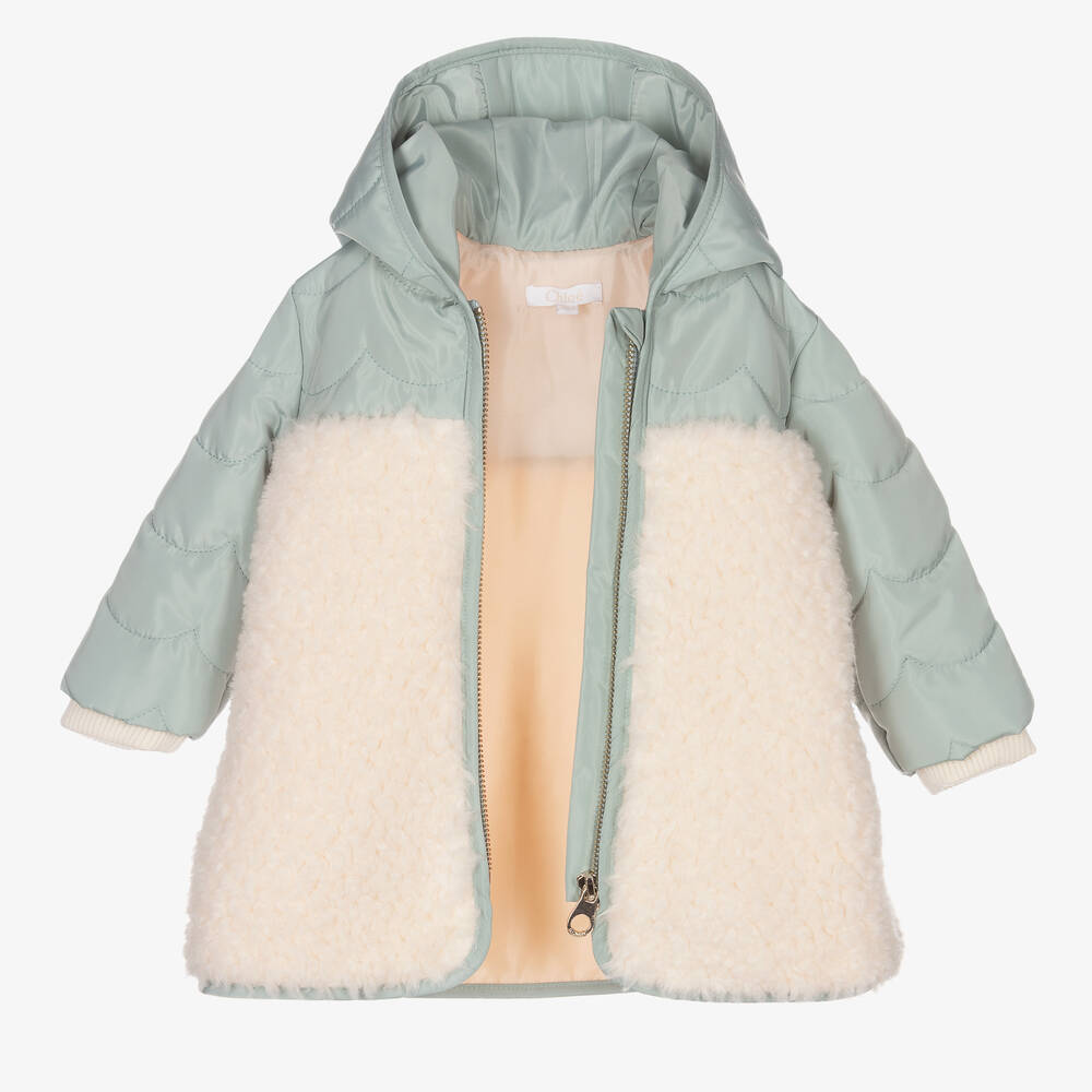 Chloé-Girls Green & Ivory Hooded Coat | Childrensalon Outlet