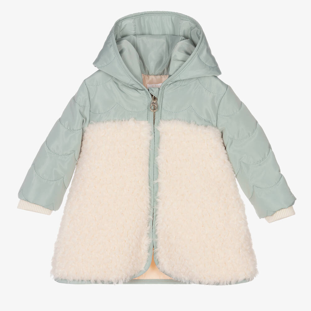 Chloé - Girls Green & Ivory Hooded Coat | Childrensalon