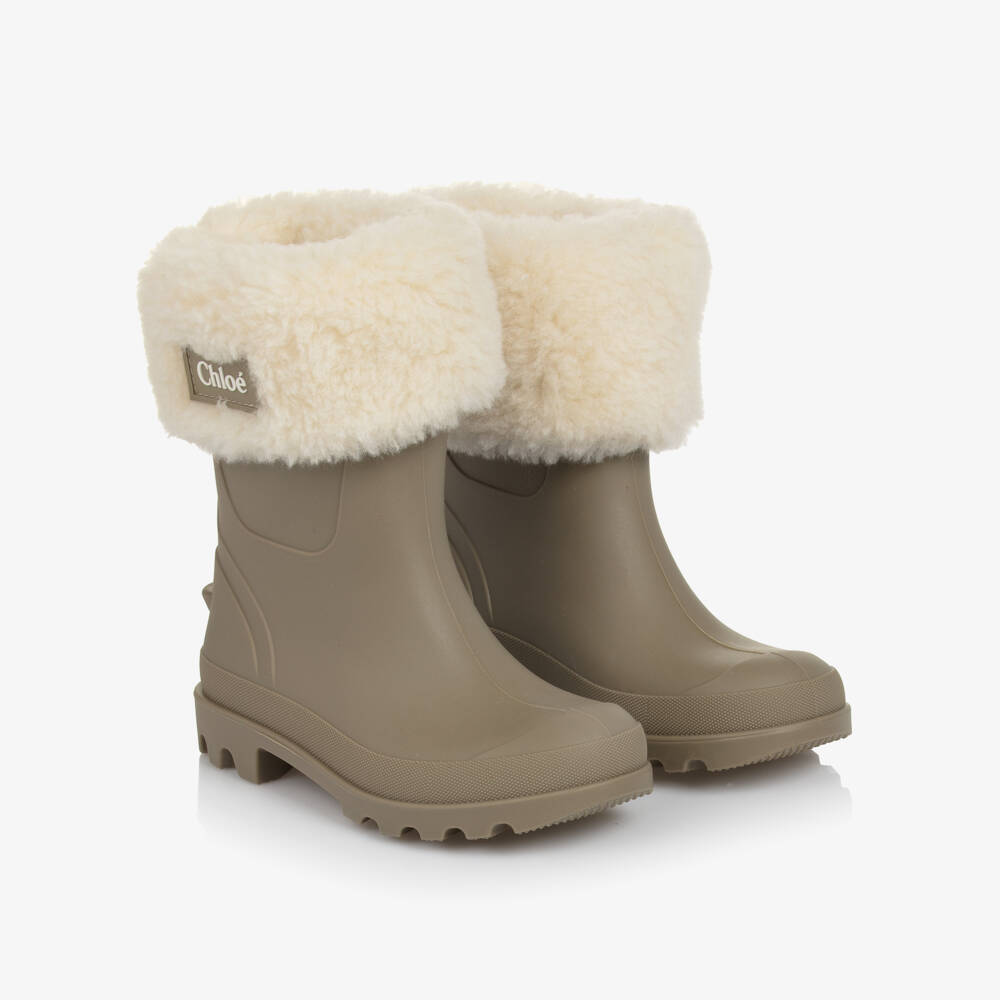 Chloé-Girls Green Rubber & Faux Fur Rain Boots | Childrensalon Outlet