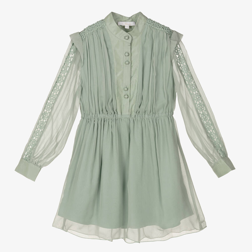 Chloé - Girls Green Silk Chiffon Dress | Childrensalon
