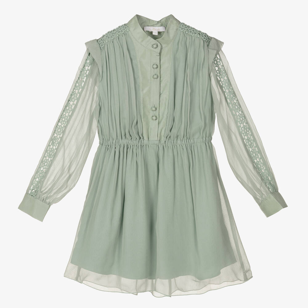 Chloé - Robe verte mousseline soie Fille | Childrensalon