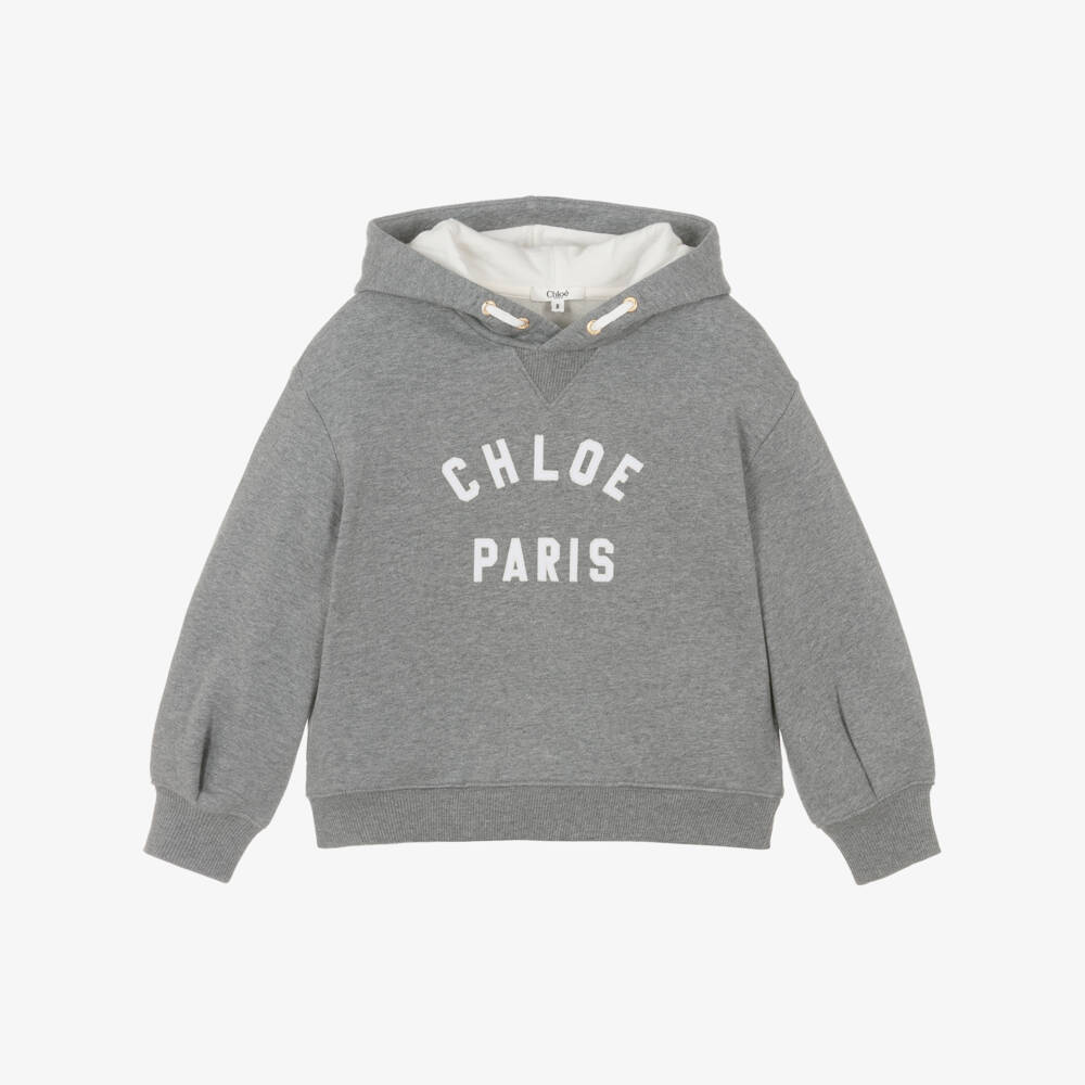 Chloé-Girls Grey Cotton Chloé Paris Logo Hoodie | Childrensalon Outlet