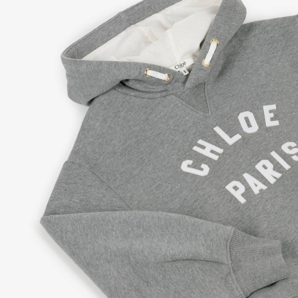 Chloé-Girls Grey Cotton Chloé Paris Logo Hoodie | Childrensalon Outlet
