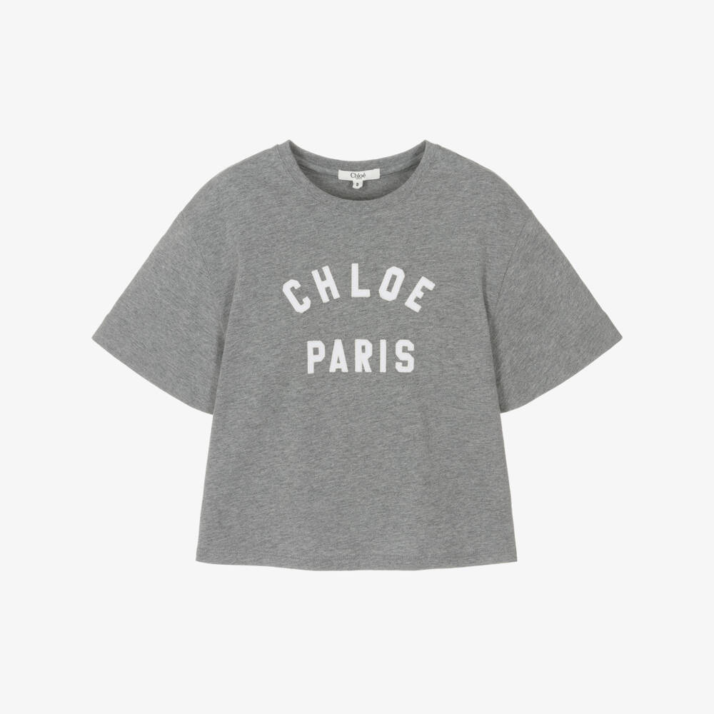 Chloé-تيشيرت بناتي رمادي قطن بشعار | Childrensalon Outlet