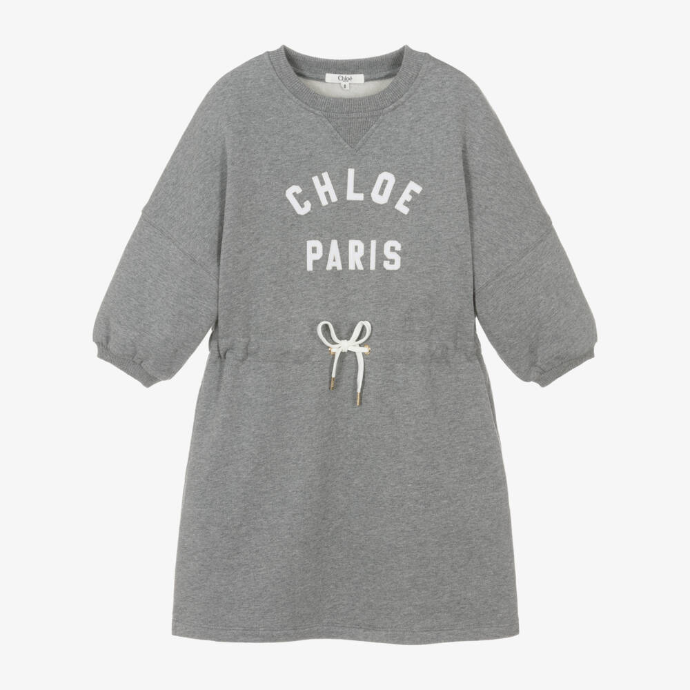 Chloé-فستان بناتي رمادي من القطن بشعار | Childrensalon Outlet