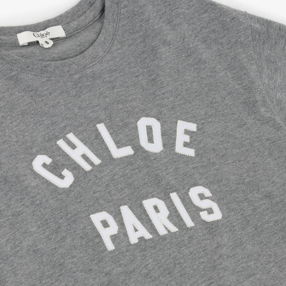 Chloé-تيشيرت بناتي رمادي قطن بشعار | Childrensalon Outlet