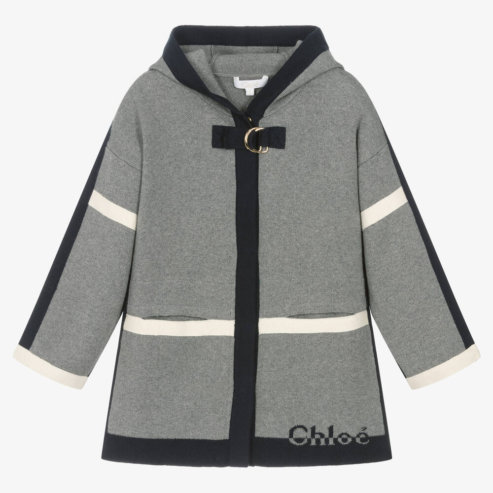 Chloé - Girls Grey Cotton & Wool Knit Coat | Childrensalon