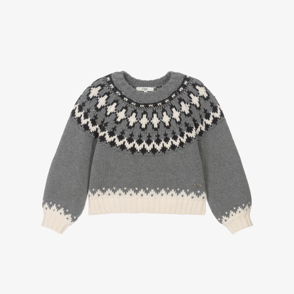 Chloé-كنزة صوف رمادية بنقشة فير آيل للبنات | Childrensalon Outlet