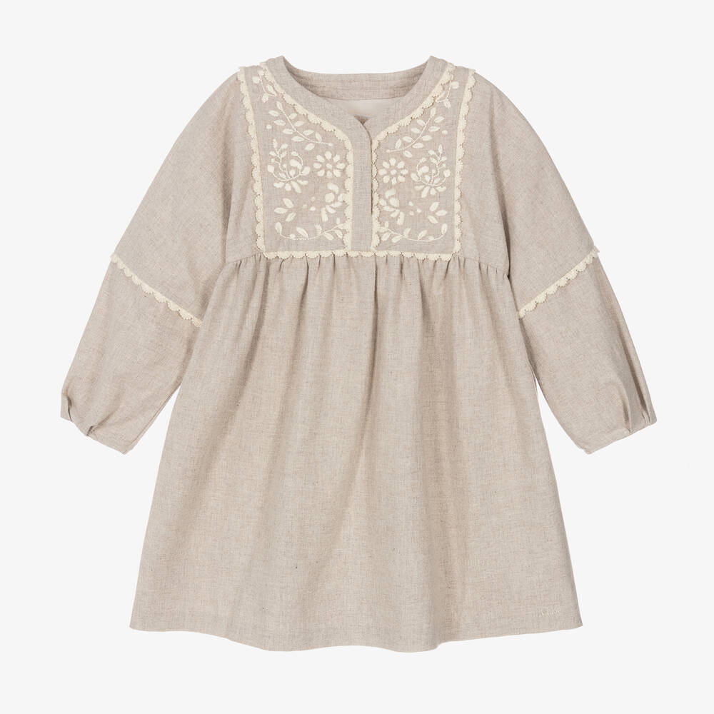 Chloé - Girls Grey Embroidered Cotton Dress | Childrensalon