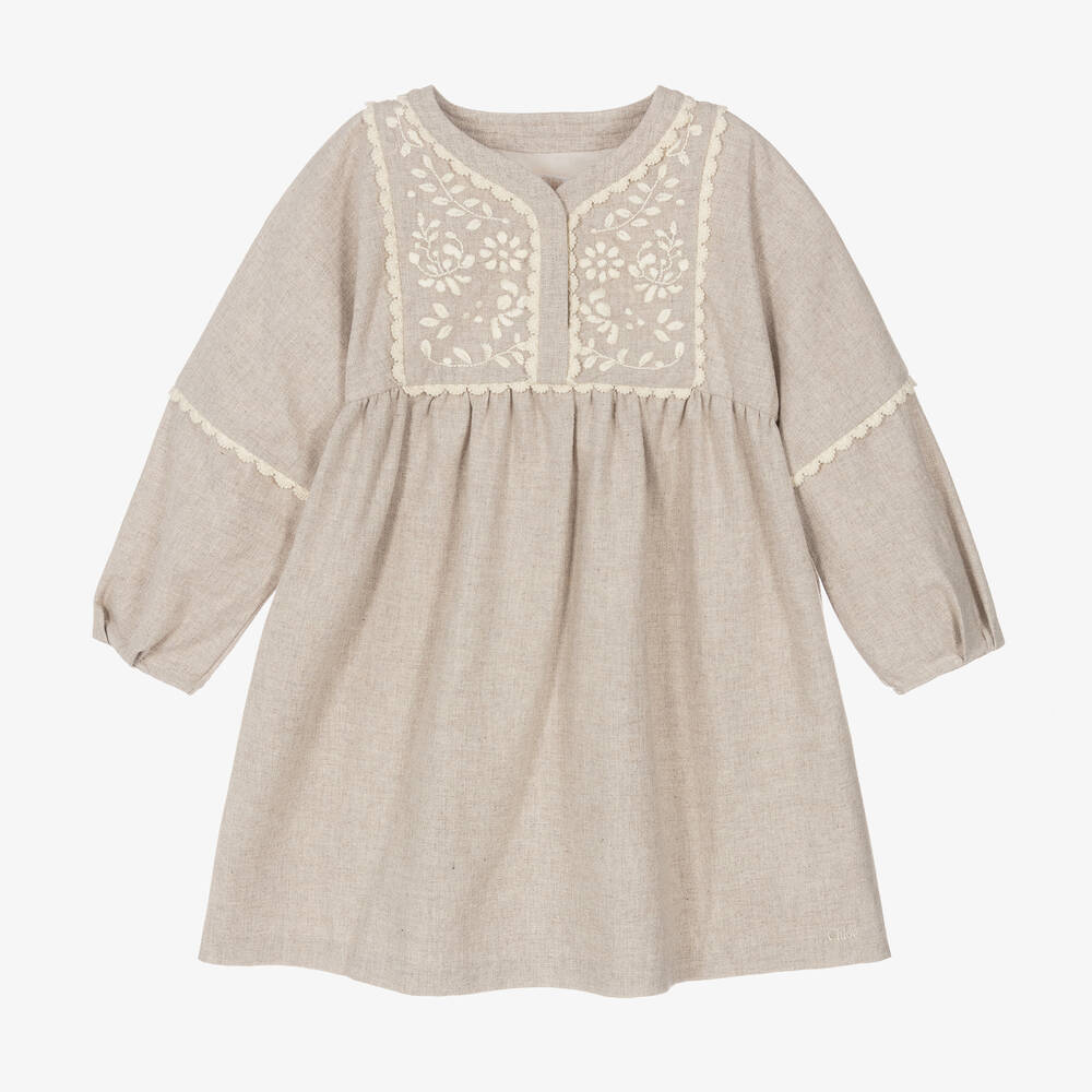 Chloé - Graues besticktes Baumwollkleid | Childrensalon