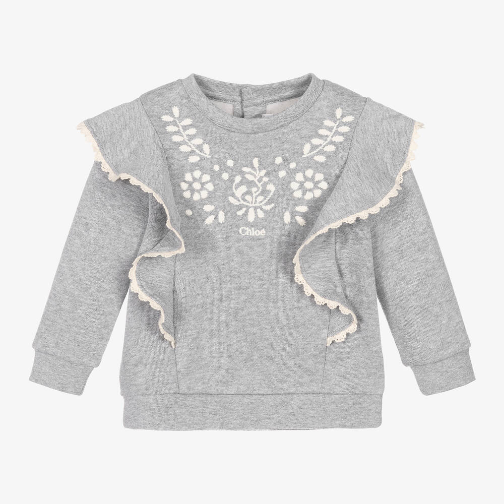 Chloé - Girls Grey Embroidered Organic Cotton Sweatshirt | Childrensalon