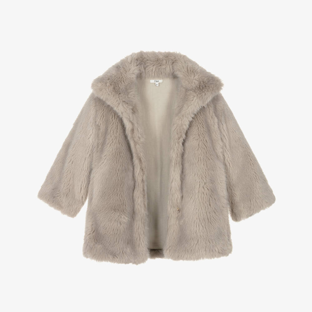 Chloé-معطف فرو صناعي رمادي دافئ للبنات | Childrensalon Outlet