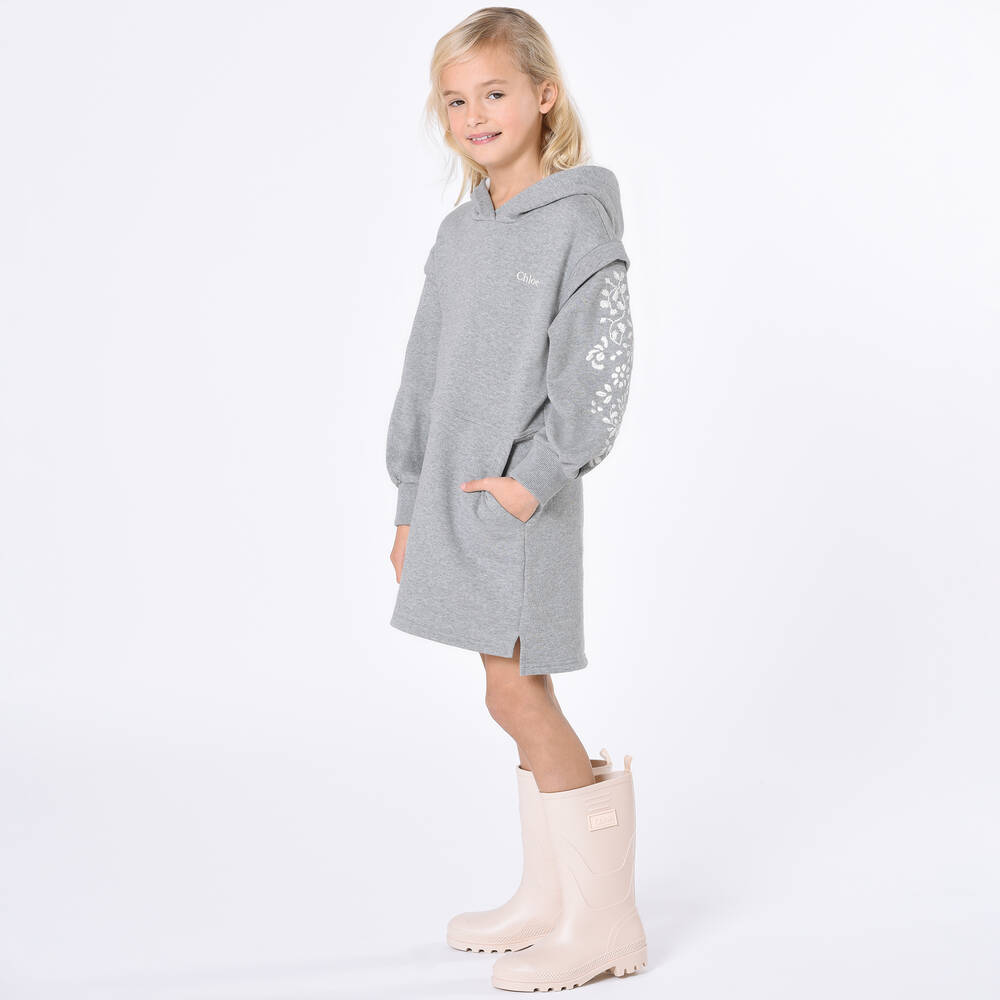 Chloé-Girls Grey Floral Embroidered Dress | Childrensalon Outlet