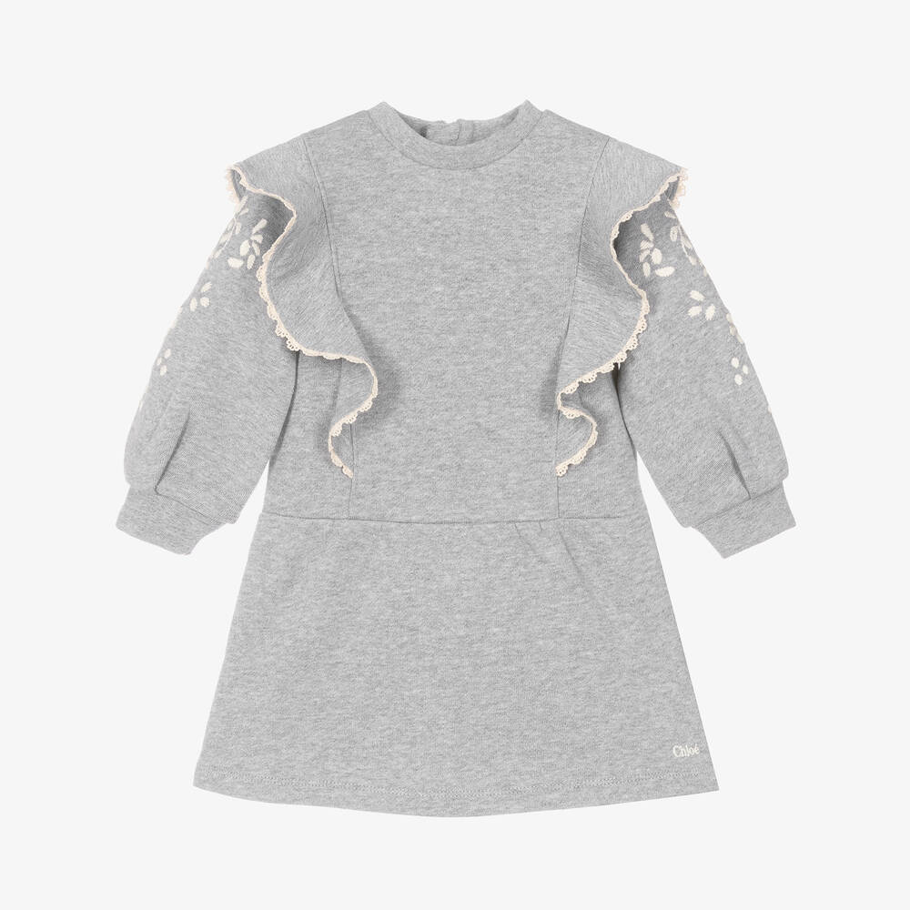 Chloé - Girls Grey Floral Embroidered Dress | Childrensalon