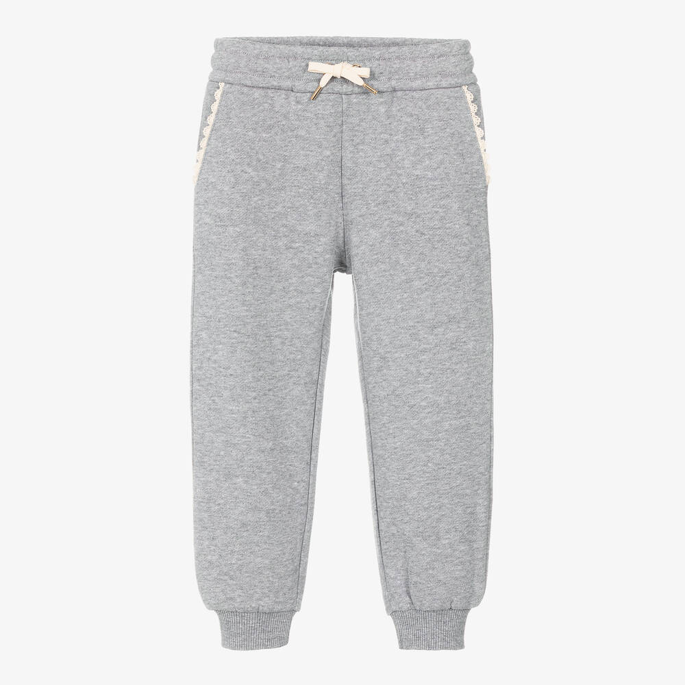 Chloé - Girls Grey Floral Embroidered Joggers | Childrensalon