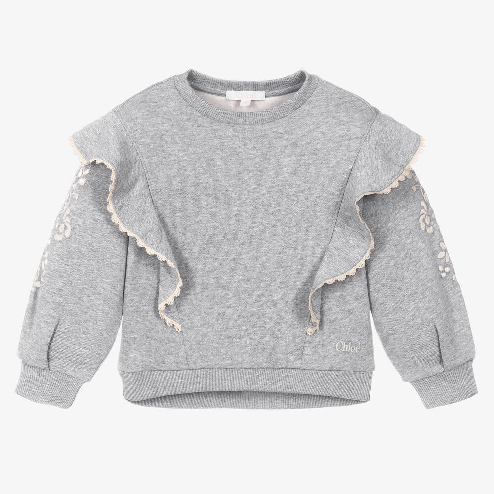 Chloé - Girls Grey Floral Embroidered Sweatshirt | Childrensalon