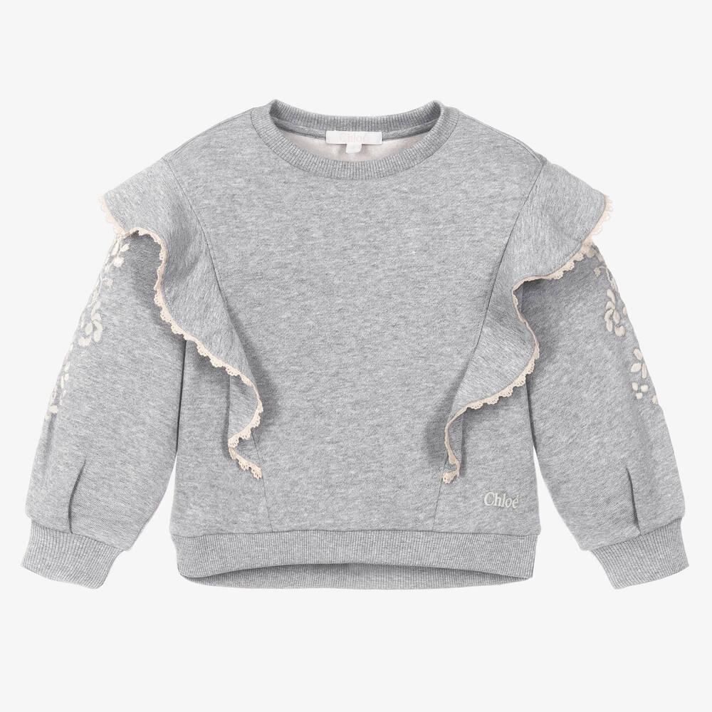 Chloé - Sweat-shirt gris brodé à fleurs | Childrensalon