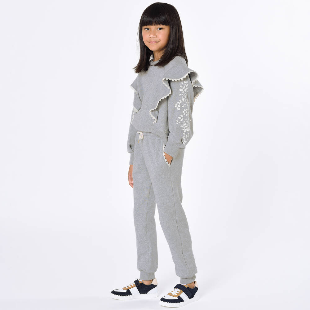 Chloé-Girls Grey Floral Embroidered Sweatshirt | Childrensalon Outlet