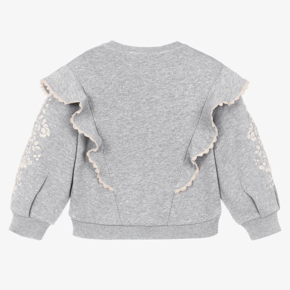 Chloé-Girls Grey Floral Embroidered Sweatshirt | Childrensalon Outlet