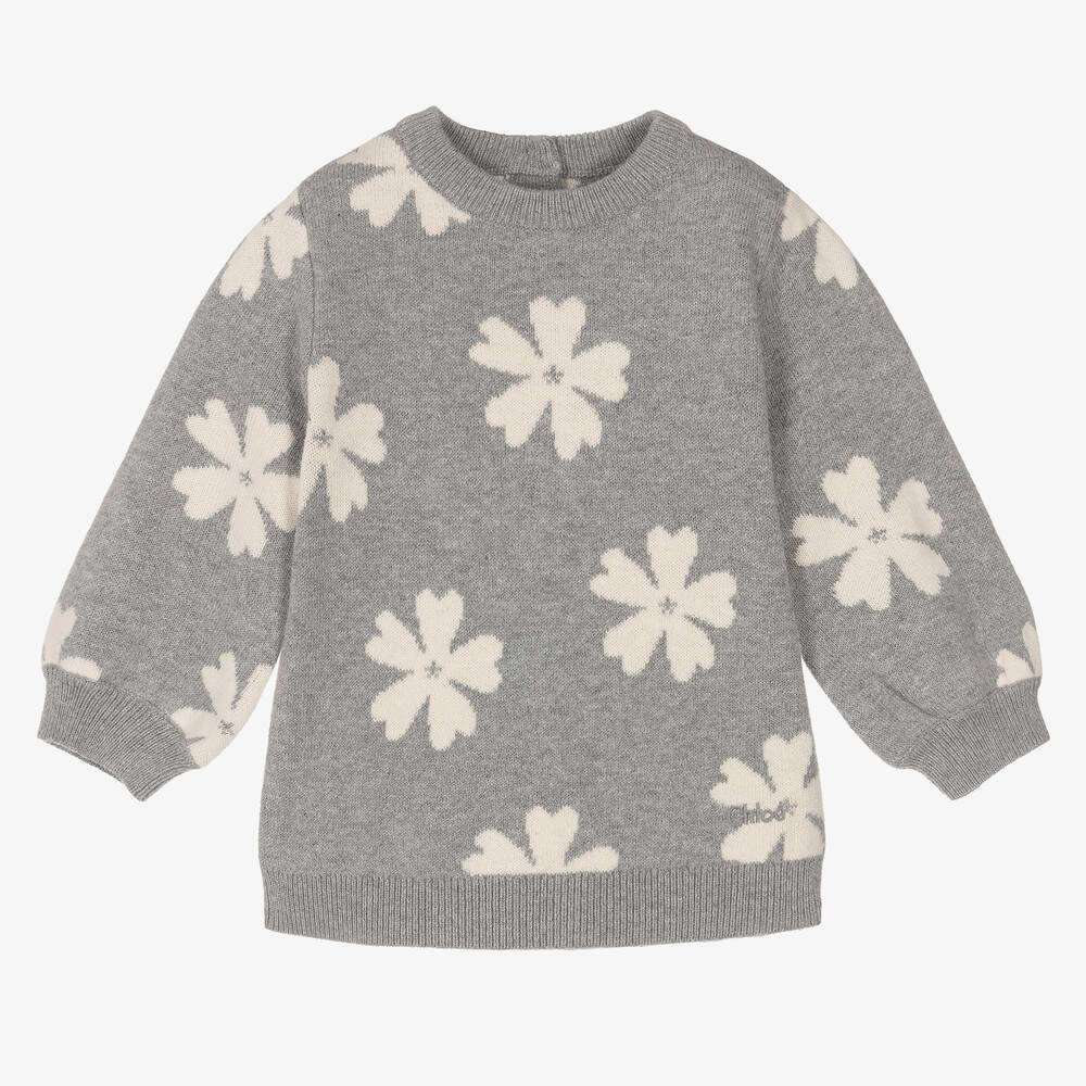 Chloé - Girls Grey Floral Knit Sweater | Childrensalon