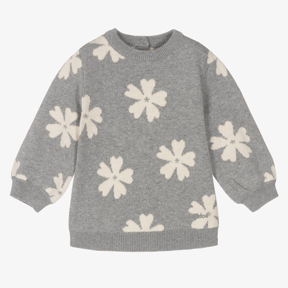 Chloé - Grauer Strickpullover mit Blumen | Childrensalon