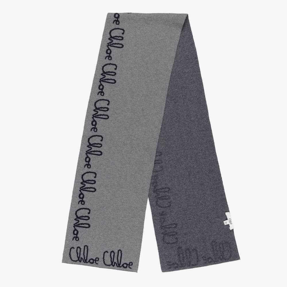 Chloé-Girls Grey Knitted Scarf with Navy Blue Chloé Logo | Childrensalon Outlet