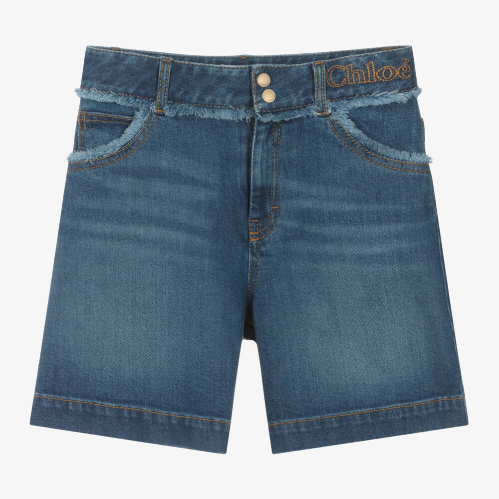 Chloé-Girls Indigo Organic Fringe Denim Shorts | Childrensalon Outlet