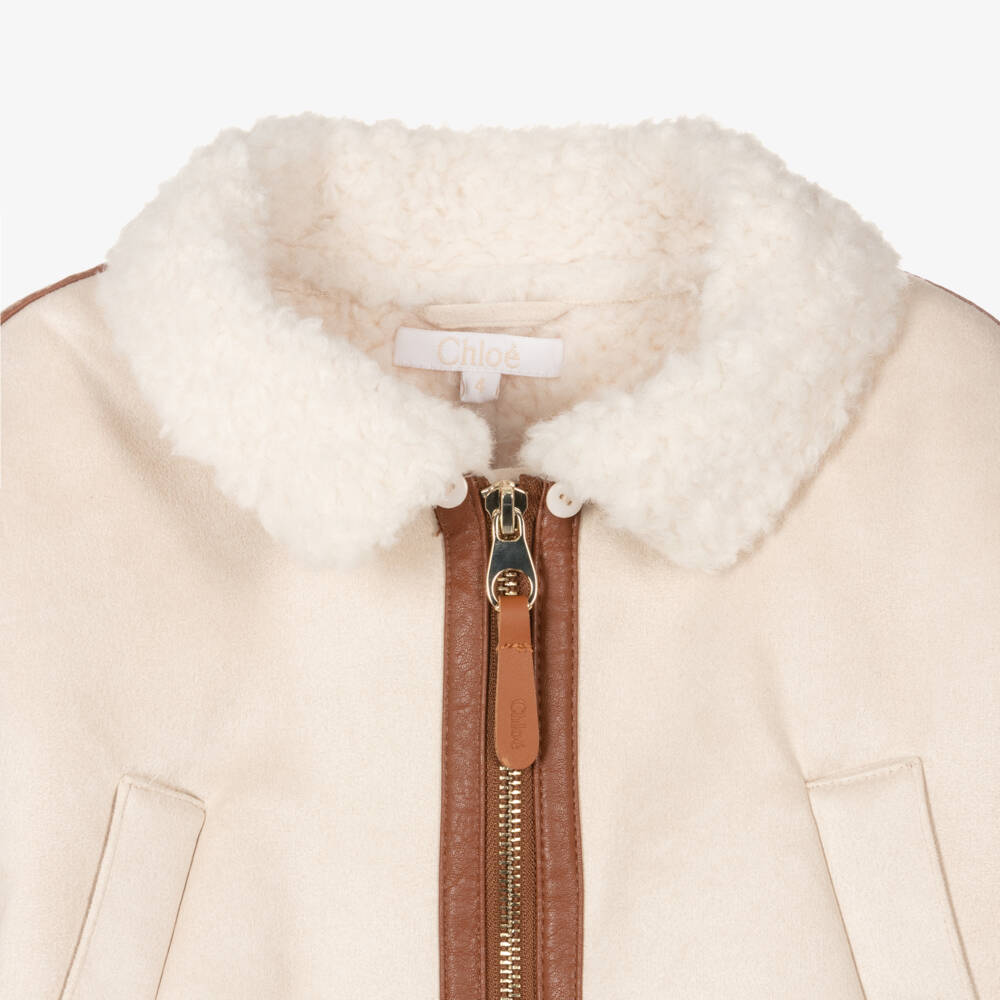 Chloé-Girls Ivory & Beige Hooded Suede Coat | Childrensalon Outlet