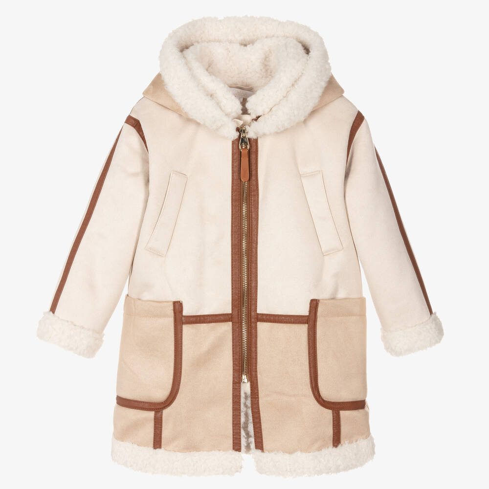 Chloé - Кремово-бежевое замшевое пальто с капюшоном | Childrensalon