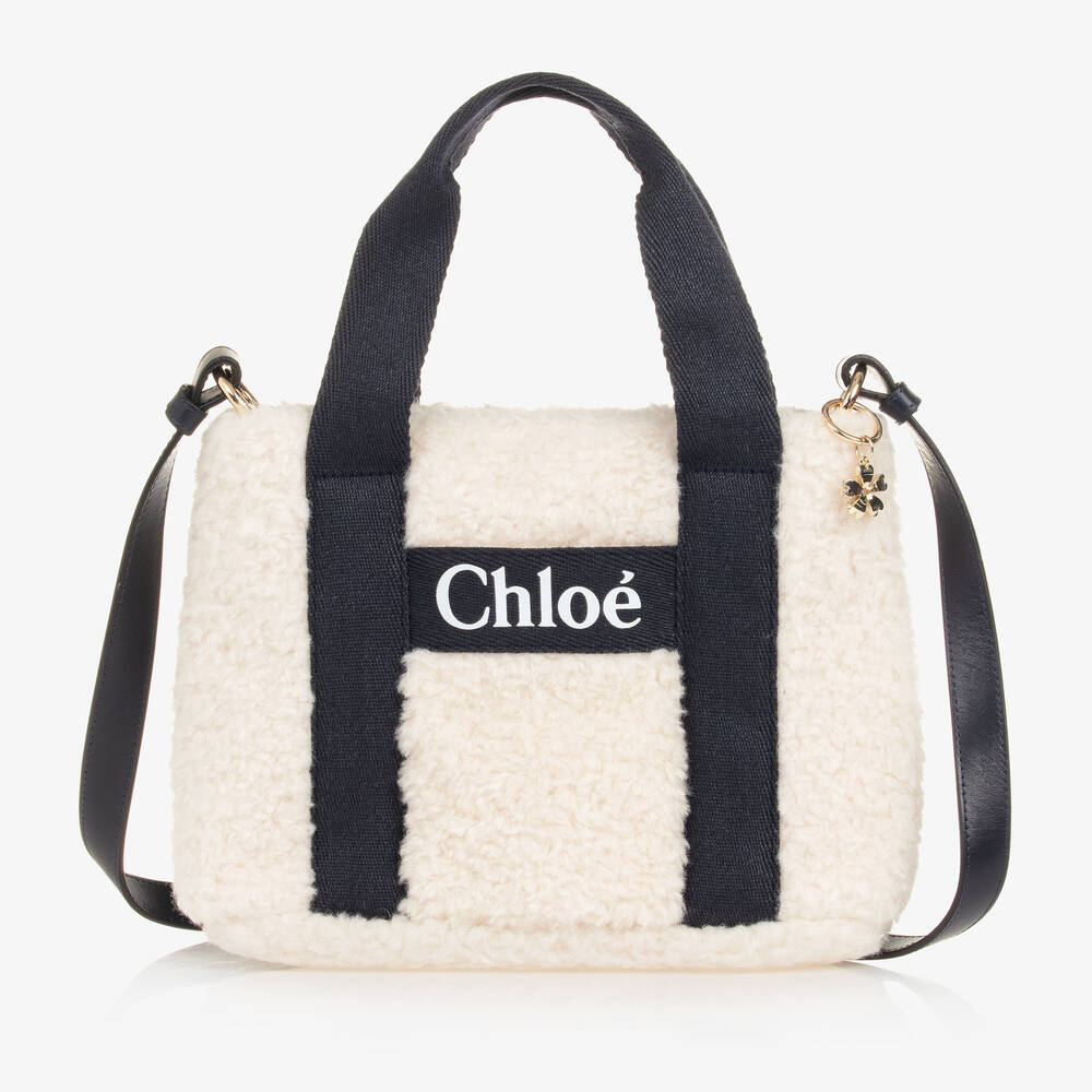 Chloé - Кремово-синяя флисовая сумка из овчины (29см) | Childrensalon