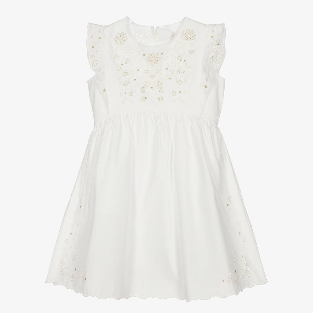 Chloé - Кремовое хлопковое платье с вышивкой английской гладью | Childrensalon