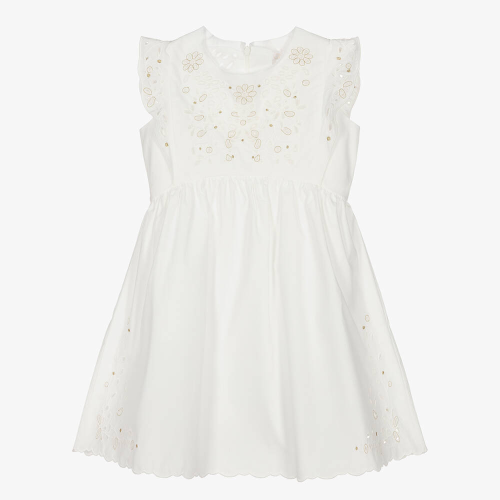 Chloé-Кремовое хлопковое платье с вышивкой английской гладью | Childrensalon Outlet