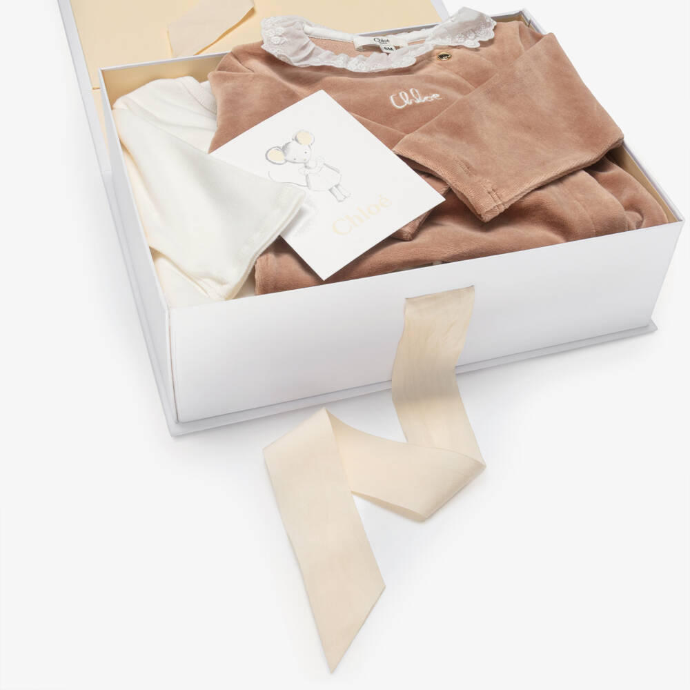 Chloé-Girls Ivory & Brown Cotton Babysuit Gift Set | Childrensalon Outlet