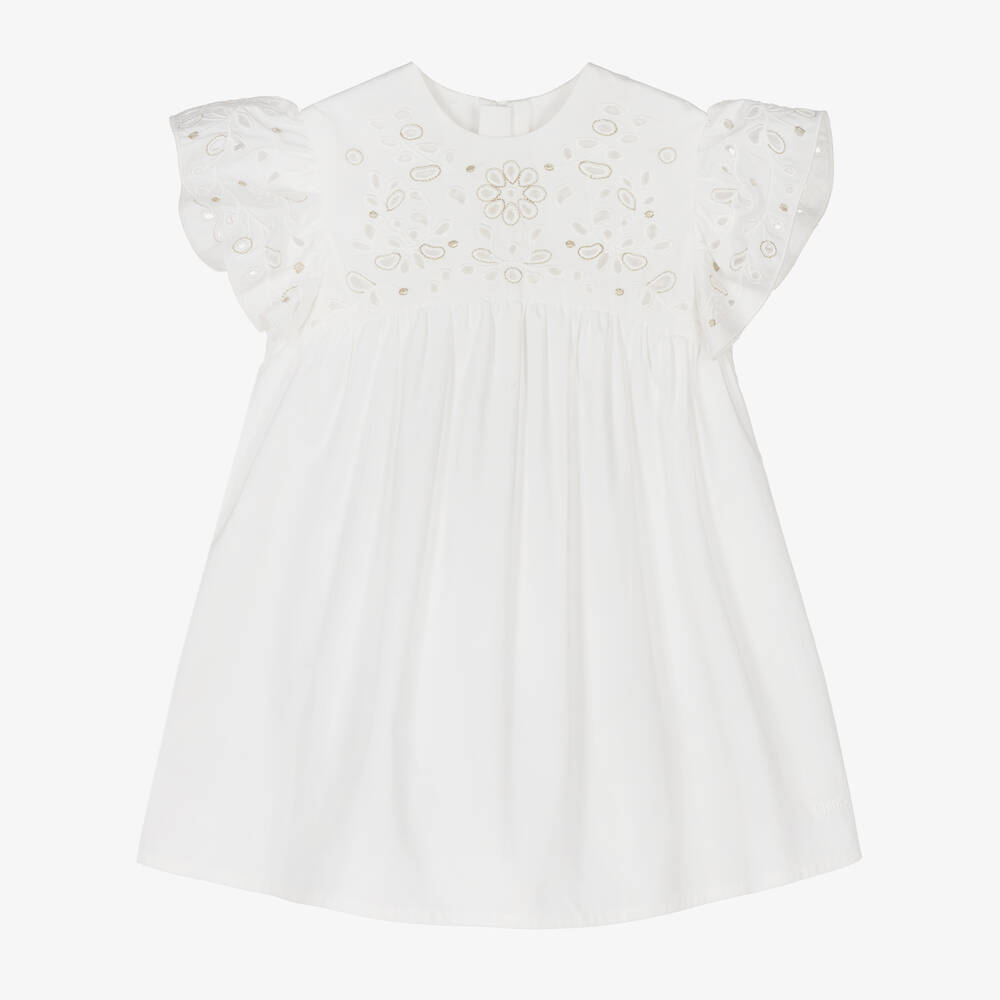 Chloé - Girls Ivory Cotton Broderie Dress | Childrensalon