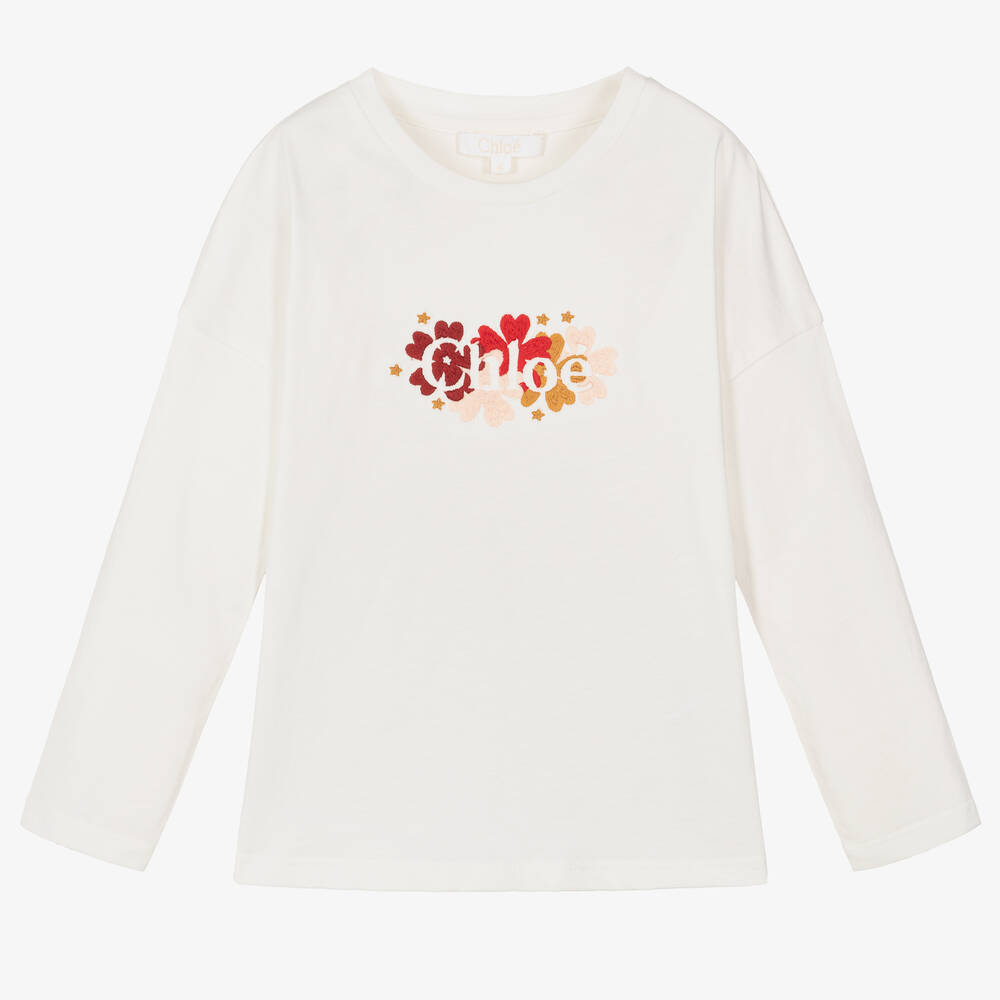 Chloé - Girls Ivory Cotton Embroidered Top | Childrensalon