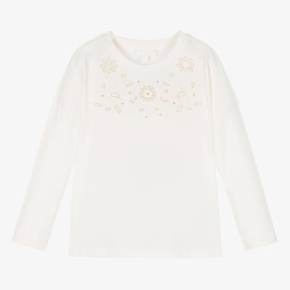 Chloé - Girls Ivory Cotton Jersey Top | Childrensalon