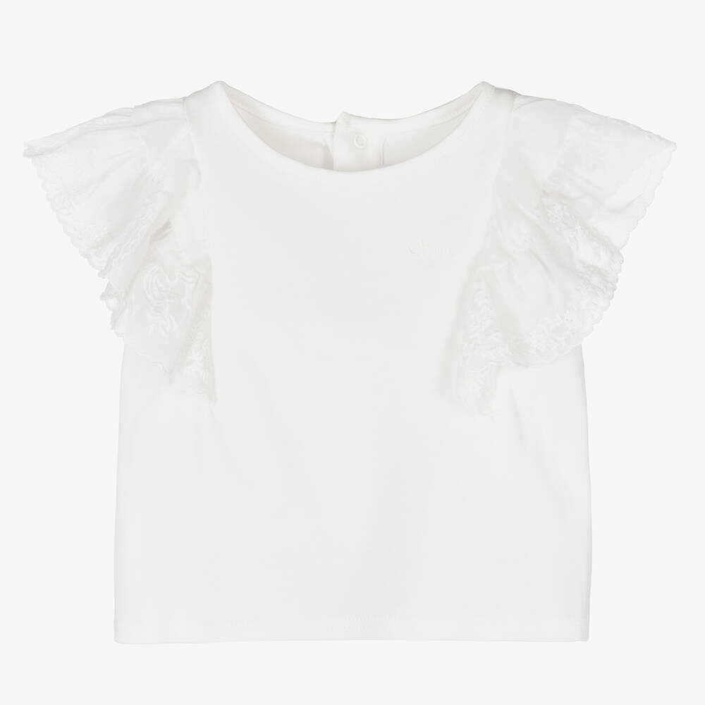 Chloé - Girls Ivory Cotton Lace T-Shirt | Childrensalon