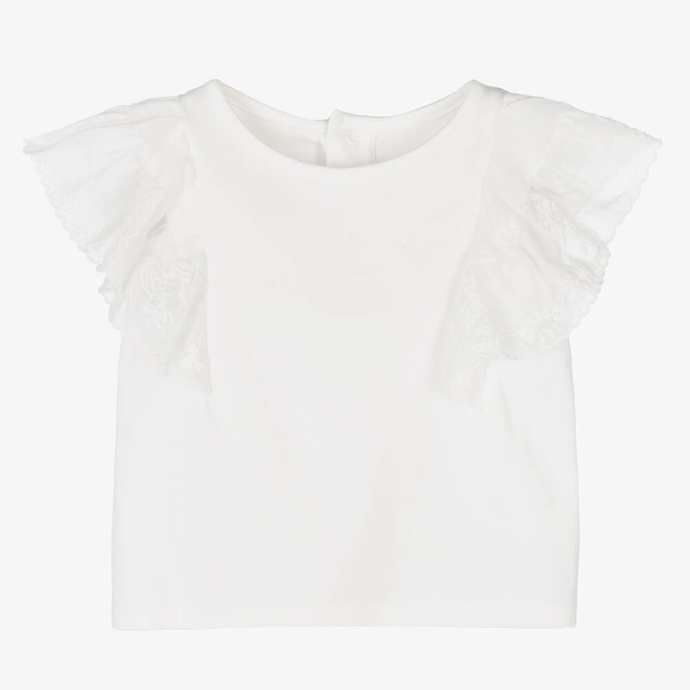 Chloé-Кремовая хлопковая футболка с кружевом | Childrensalon Outlet