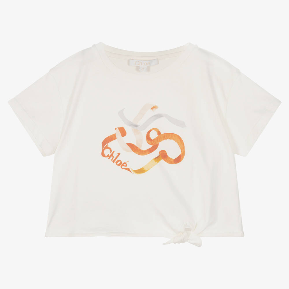 Chloé - Girls Ivory Cotton Logo T-Shirt | Childrensalon