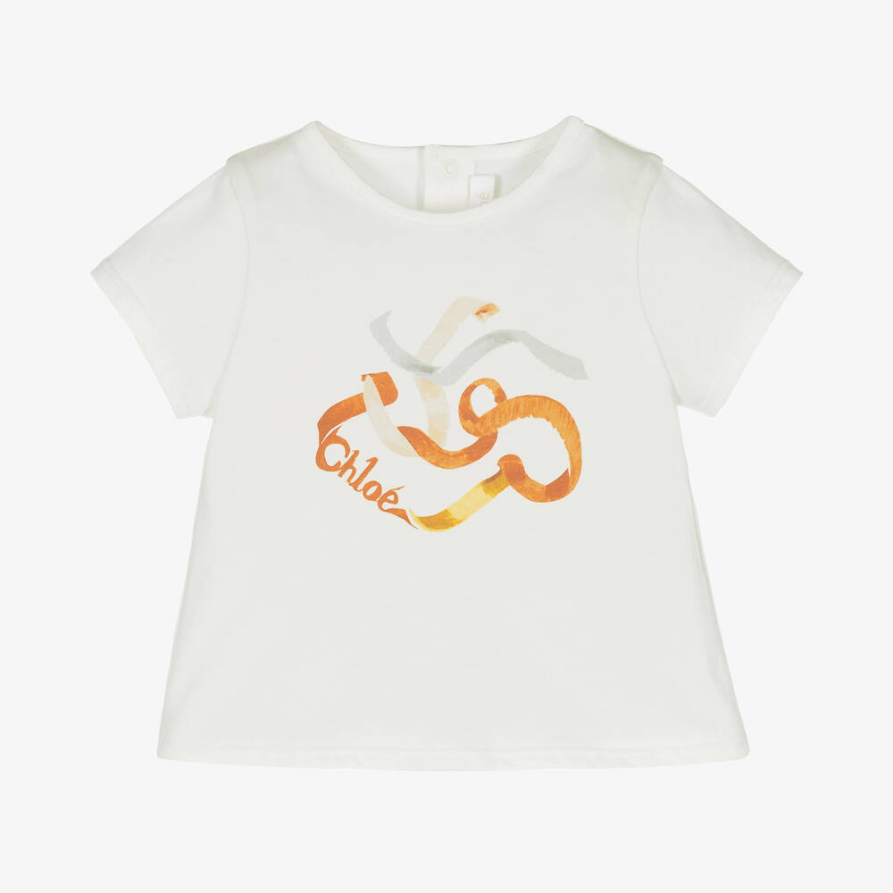 Chloé - Girls Ivory Cotton Ribbon Logo T-Shirt | Childrensalon