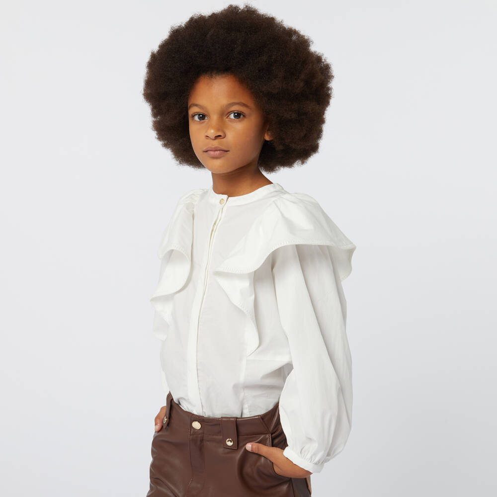 Chloé-Girls Ivory Cotton Ruffled Top | Childrensalon Outlet