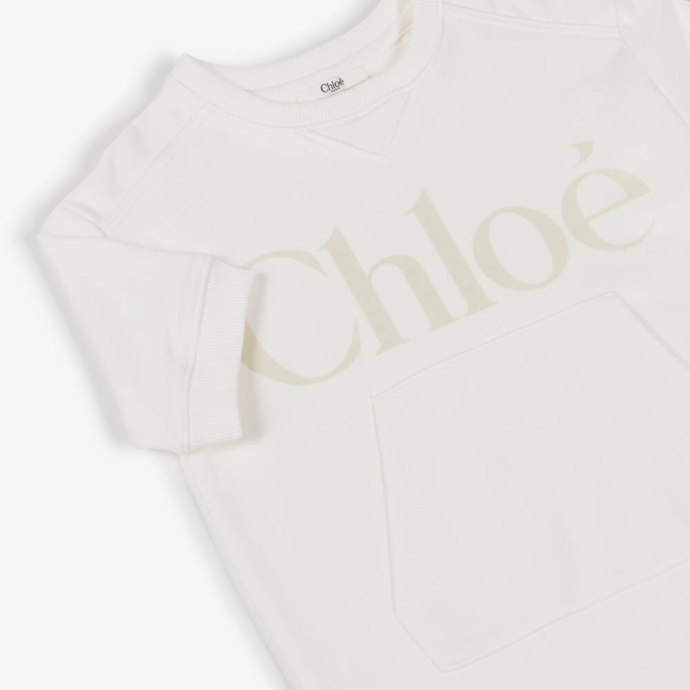 Chloé-Girls Ivory Cotton Sweatshirt Dress with Logo Print | Childrensalon Outlet