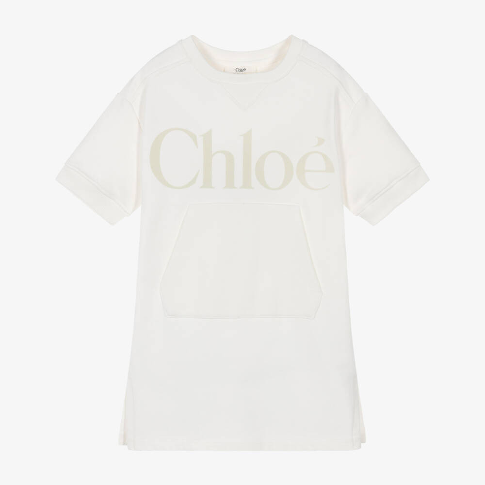 Chloé-Girls Ivory Cotton Sweatshirt Dress with Logo Print | Childrensalon Outlet