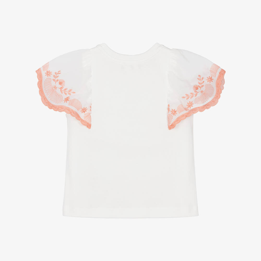 Chloé-Girls Ivory Cotton T-Shirt with Embroidered Sleeves | Childrensalon Outlet