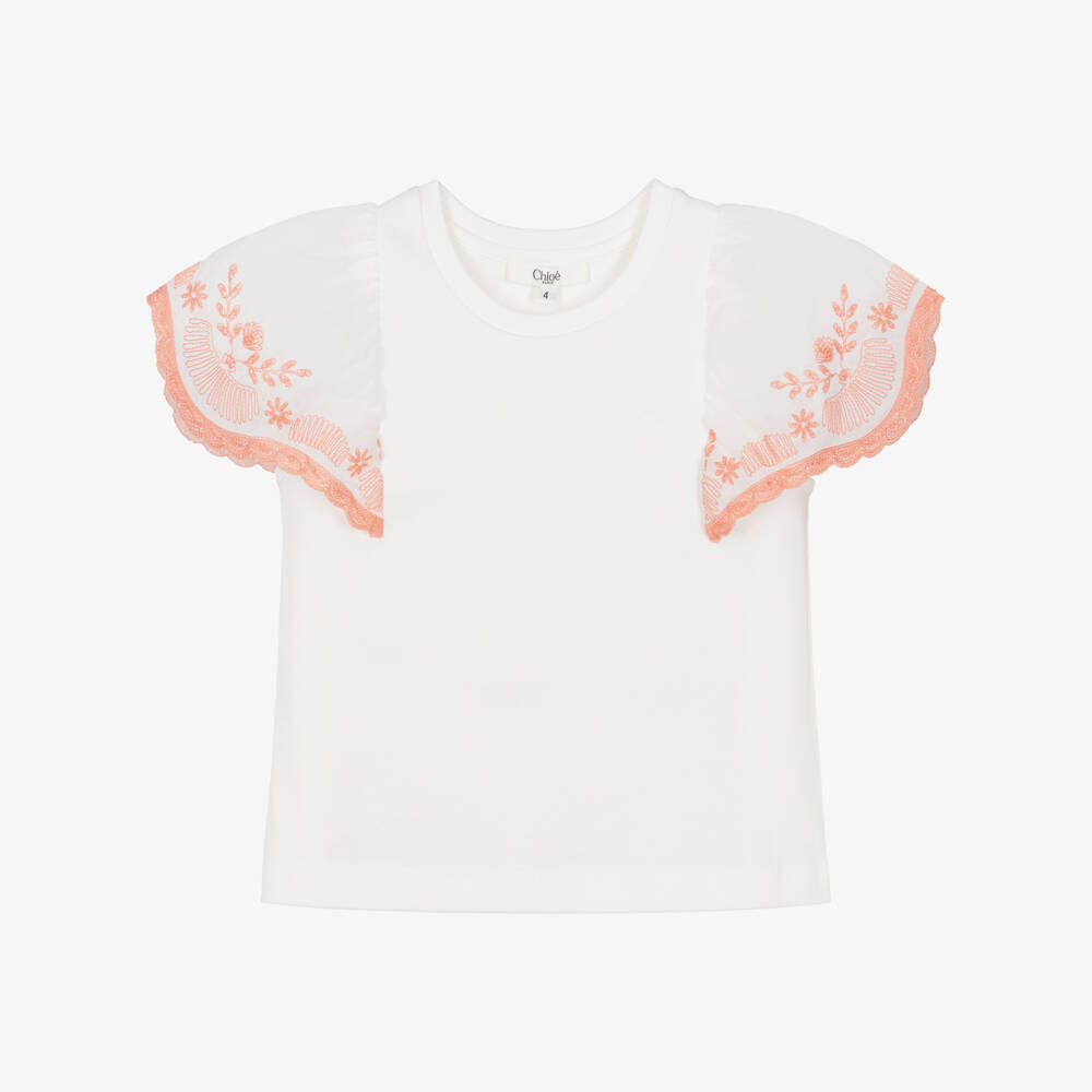Chloé-Girls Ivory Cotton T-Shirt with Embroidered Sleeves | Childrensalon Outlet