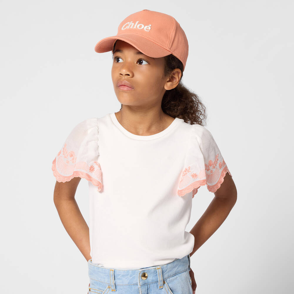 Chloé-Girls Ivory Cotton T-Shirt with Embroidered Sleeves | Childrensalon Outlet