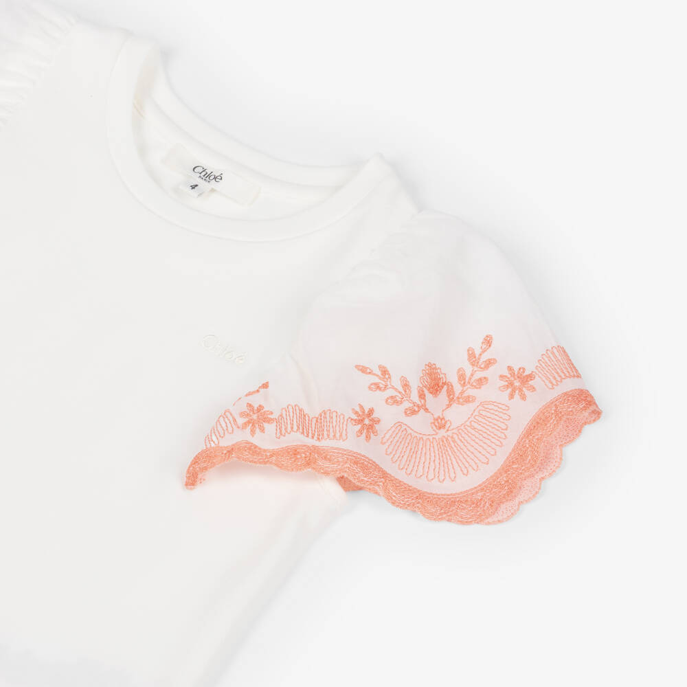 Chloé-Girls Ivory Cotton T-Shirt with Embroidered Sleeves | Childrensalon Outlet