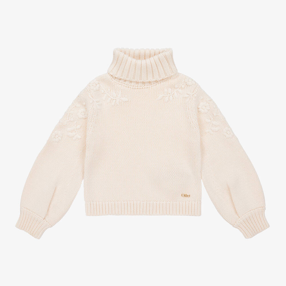 Chloé-بلوفر مزيج قطن عضوي وصوف محبوك لون عاجي للبنات | Childrensalon Outlet